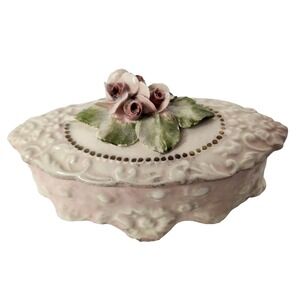 Antique Capodimonte Porcelain Pink Rose Ornate Victorian Trinket Box Oval Footed